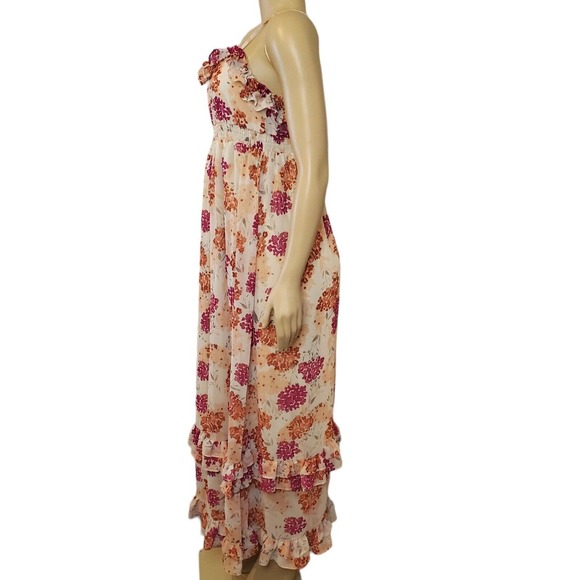Elle Women's Maxi Dress Size XS Peach Floral Thin Strap Smock V-neck Lined - Picture 4 of 10